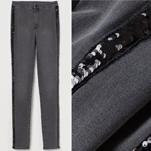 H&M Divided Sequin Tuxedo Stripe Slim High Waist Skinny Jeans Dark Grey 8